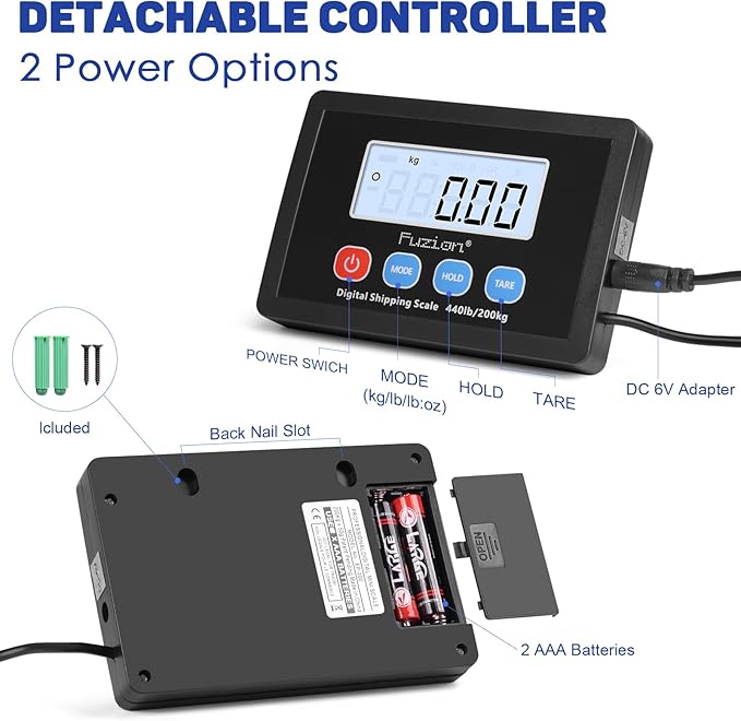 Fuzion Shipping Scale 440lb x 10g Accuracy, Postal Scale with Hold/Tare, Digital Shipping Scale for Packages Small Business, Luggage, Battery & AC/DC Adapter-DeskLoop Office