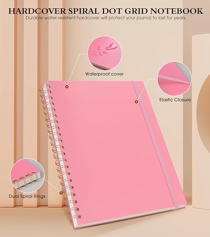 Dotted Notebook, Spiral Notebook Journal 8.5” x 11”, A4 Large Dot Grid Notebooks for Women Men, 100 GSM Dotted Paper, Plastic Hardcover Spiral Bullet Journals for Work School Sketching, Pink-DeskLoop Office