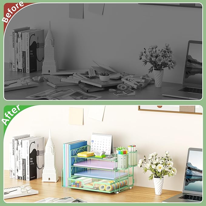 Marbrasse Desk Organizer and Accessories,4-Tier Paper Letter Tray Organizer with File Holder, Desk Accessories & Workspace Organizers with Drawer and 2 Pen Holder (Green, 15.4" x 9.1" x 8.3")-DeskLoop Office