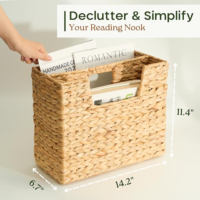 Wicker Magazine Basket, Handwoven Water Hyacinth Storage Bin & Organizer for Files, Books, Newspapers, Documents, Decorative Storage Bin with Handle for Office, Living Room, Dorm, Bathroom-DeskLoop Office