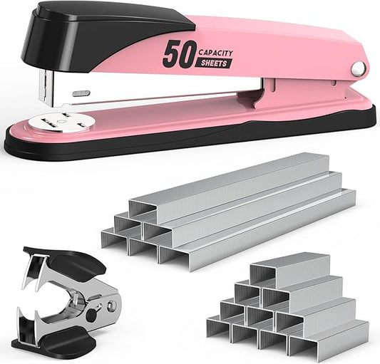 Metal Stapler Heavy Duty 50 Sheet Capacity with 1750 Staples and Staple Remover, Full Strip Staplers for Desk, No Jam, Non-Slip for Office & Classroom, Pink-DeskLoop Office
