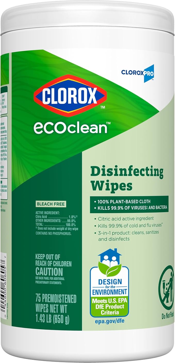 CloroxPro Clorox EcoClean Disinfecting Wipes, Multipurpose 100% Plant Based Cleaning Cloths, Antibacterial Disinfectant, Safe for Multi Surface Use, 75 Count-DeskLoop Office