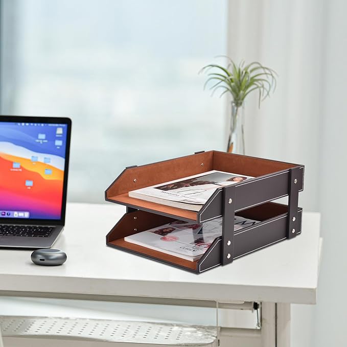 Leather Desk Organizer,2-Tier Stackable Letter Tray Holder,Office Supplies Desktop Storage Box for Document,Stationery,Magazines,Newspapers,Letters and Other Home Office Paper Sundries,Coffee-DeskLoop Office