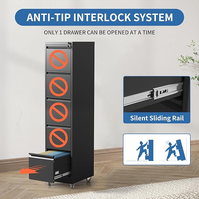 5 Drawer Mobile File Cabinet, Metal Filing Cabinet with Lock and Wheels, Home Office Rolling File Cabinets for Legal/Letter Hanging File Folders, Un-Assembled (Black)-DeskLoop Office