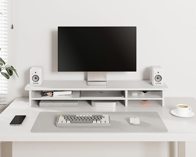 Fenge Monitor Stand, Dual Monitor Riser, 42.5inch Large Desk Computer Monitor Stand Riser with Drawer, 2 Tier Wood & Acrylic Desktop Organizer for Computer, Laptop, Printer, TV Screen Riser-DeskLoop Office