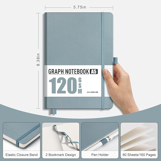 AHGXG Graph Paper Notebook - Grid Notebook Journal A5, 120 GSM Thick Graph Paper, 160 Pages, Leather Hardcover, for Graphing, Writing, Math, Engineering, 5.75'' × 8.38''- Gray Blue-DeskLoop Office
