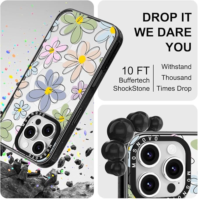 MOSNOVO Magnetic Case for iPhone 16 Pro, 10ft Military-Grade Protection, Compatible with Magsafe, Shockproof Phone Case for iPhone 16 Pro - Linear Blooms - Clear Black-DeskLoop Office