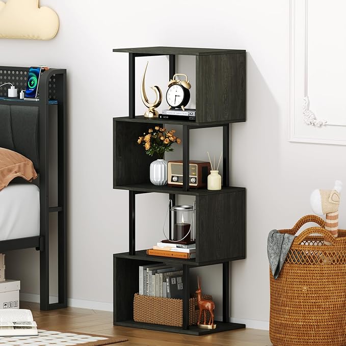 Furologee Geometric Bookshelf 5 Tier Bookcase, Industrial S-Shaped Display Storage Shelf for Small Space, Tall Metal Wood Decorative Standing Shelves for Bedroom, Living Room, Office, Black Oak-DeskLoop Office
