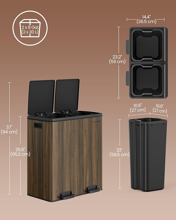 SONGMICS Trash Can, 2 x 8-Gallon Garbage Can for Kitchen, with 15 Trash Bags, 2 Compartments, Plastic Inner Buckets and Hinged Lids, Airtight, Dark Walnut ULTB060N02V1-DeskLoop Office