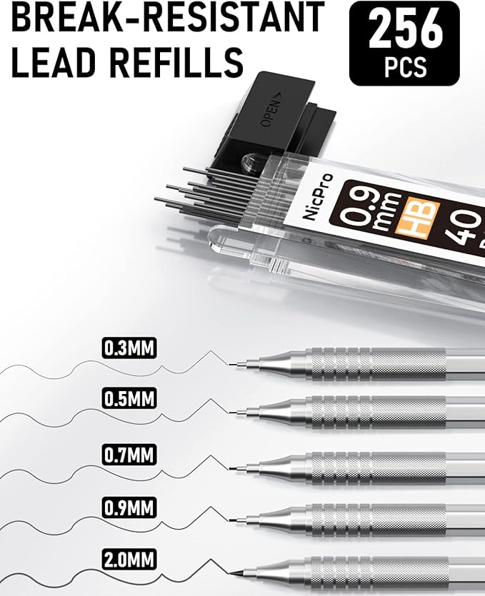Nicpro Metal Mechanical Pencil Set, 5 PCS Art Drafting Pencils 0.3, 0.5, 0.7, 0.9 mm & 2mm Graphite Lead Holder For Sketching Drawing With 9 Tubes (4B 2B HB 2H Colors) Lead Refills Erasers Case-DeskLoop Office