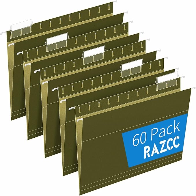 Hanging File Folders, RAZCC 60 Pack Reinforced Hanging Folders Letter Size, Designed for Bulky Files, Filing Cabinet, Adjustable Tabs, Green-DeskLoop Office
