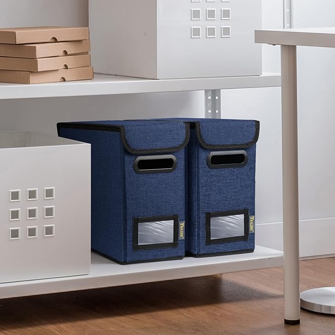 BALEINE File Organizer Box with Lid, Collapsible File Folder Organizer with Plastic Slide, Hanging File Folder Box for Office Document Storage (2 Pack, Blue, S)-DeskLoop Office