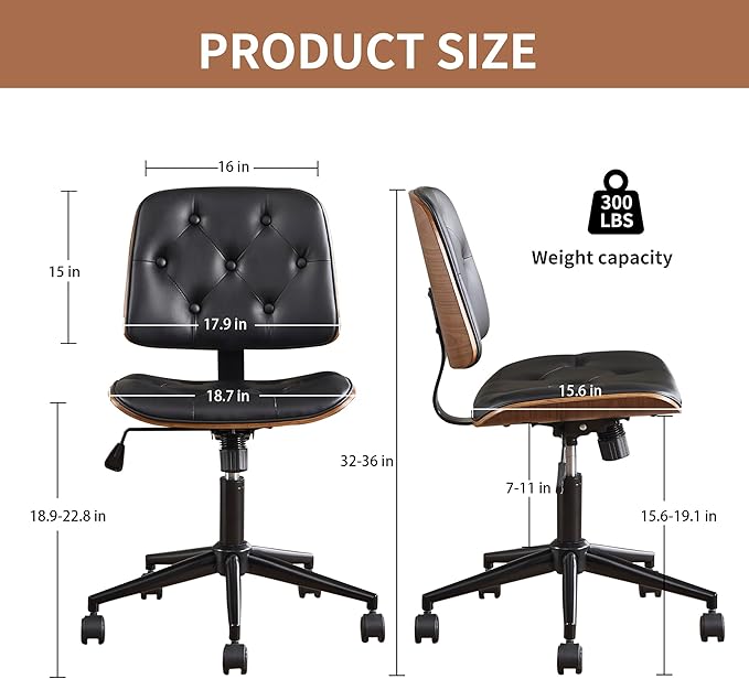 Small Home Office Chair – Armless Mid-Back Desk Chair with PU Leather, Adjustable Height, Swivel Wheels, Modern Walnut Legs for Small Spaces, Black-DeskLoop Office
