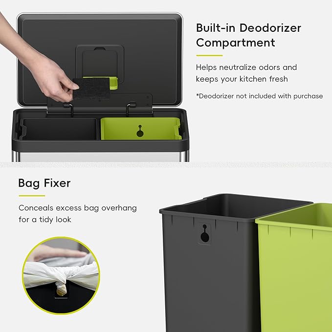 EKO EcoCasa II Rectangular Kitchen Step Trash Can, 20L+20L Dual Compartment Recycling Bins, Stainless Steel Lid and Pedal, Odor-Proof, Fingerprint Resistant-DeskLoop Office