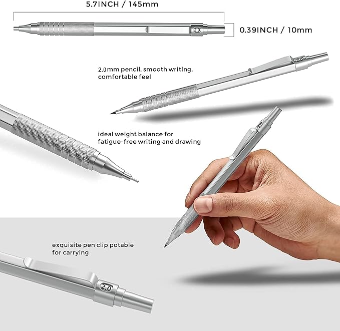 Nicpro Metal 2.0 Mechanical Pencil Set with Case, 3 PCS Drafting Lead Holder with 10 Tubes 2mm Graphite Lead Refill(HB 2H 4H 2B 4B) &Colors, Sharpeners, Erasers for Artist Writing, Drawing, Sketching-DeskLoop Office