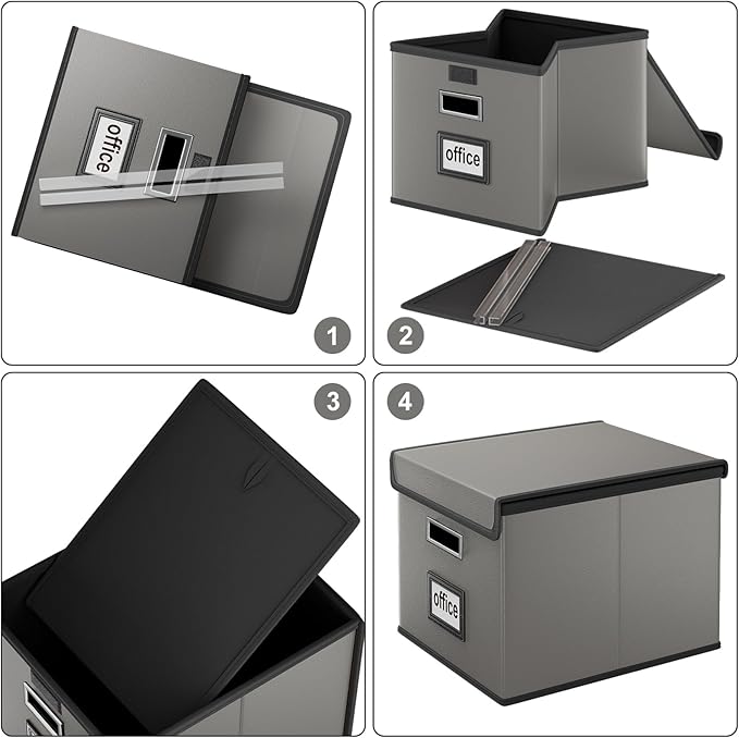 Huolewa Faux Leather File Organizer Box with Lid, Collapsible Hanging File Folder Box Organizer with Plastic Slides, Decorative Home/Office Filing System Boxes for File and Folders Storage-DeskLoop Office