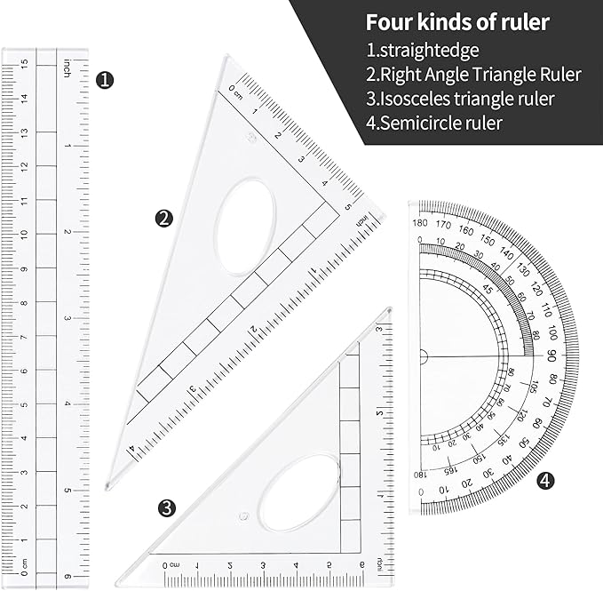 Math Geometry Kit Sets 10 Piece Student Supplies with Shatterproof Storage Box,Includes Rulers,Protractor,Compass,Eraser,Pencil Sharpener,Lead Refills,Pencil,for Drafting and Drawings(Black)