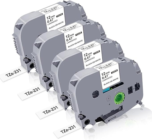 TZe-231 Label Tape 12mm Replacement for Brother Label Maker Tape 12mm 0.47 Laminated White TZ-231 TZe231 TZ Tape Work for Brother P Touch PT-H110 PTD210 D220 D400 D600 1280, 4PK-DeskLoop Office