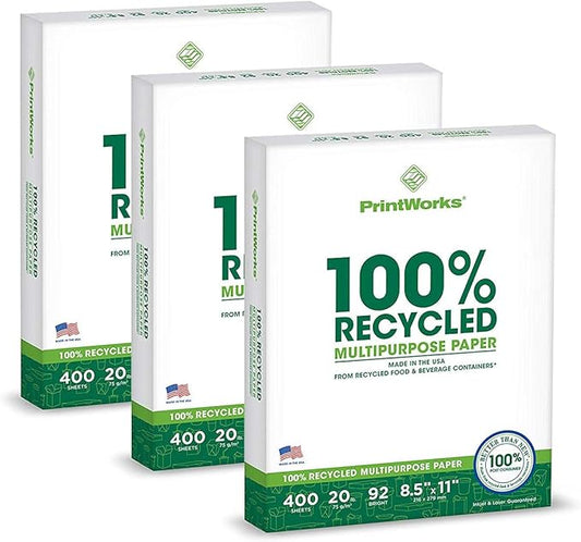 PrintWorks 100% Recycled Printer Paper 8.5" x 11" White - 20 lb Copy & Multipurpose Computer Paper - 3 Packs, 1200 Sheets - Made in the USA - 92 Bright - Printer & Copier Compatible (00018-3)-DeskLoop Office