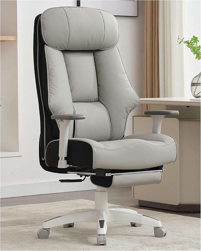 DJ·Wang Big and Tall Office Chair 400lbs with Foot Rest, High Back Executive Office Chair with Extra-Thick Spring Cushion, Ergonomic Leather Chairs Gray-DeskLoop Office