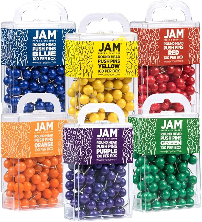 JAM PAPER Colorful Push Pins - Round Head Map Thumb Tacks - Assorted Rainbow Colors - 600/Pack-DeskLoop Office