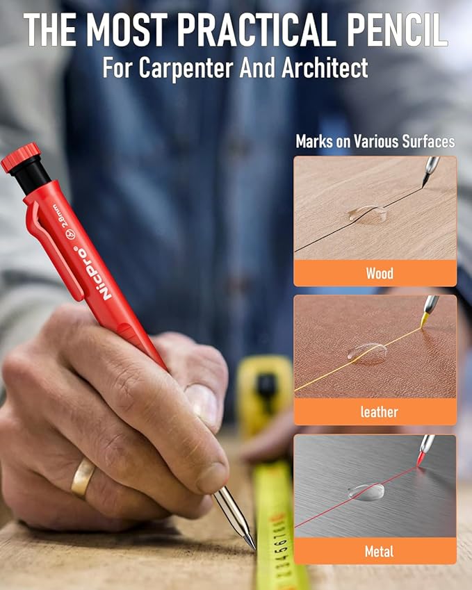 Nicpro 11 Pack Carpenter Pencil Set with Sharpener, Mechanical Carpenter Pencils with 40 Refill, Automatic Center Punch and Carbide Scribe Tool, Heavy Duty Construction Pencil for Architect-With Case-DeskLoop Office