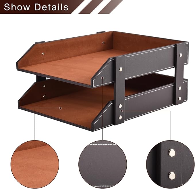 Leather Desk Organizer,2-Tier Stackable Letter Tray Holder,Office Supplies Desktop Storage Box for Document,Stationery,Magazines,Newspapers,Letters and Other Home Office Paper Sundries,Coffee-DeskLoop Office