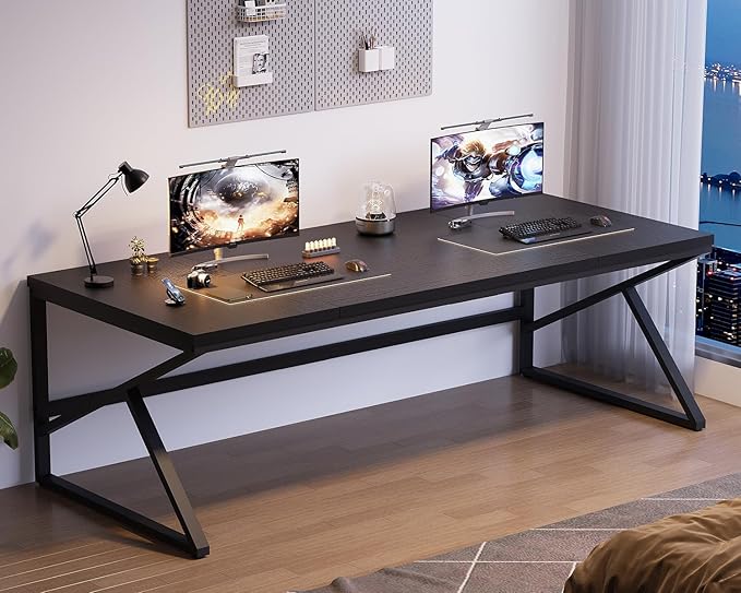 HSH Extra Long Black Computer Desk, 78 inch Large Home Office 2 person Desk, Industrial Metal Wood double Desk for Executive Work Writing Study, Modern Black Bedroom Living Room PC Laptop Gaming Table-DeskLoop Office