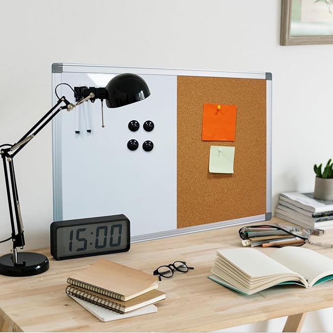 Combination Writeboard 36"x 24" Magnetic Whiteboard & Cork Board Aluminium Frame Dry Erase Board Bulletin Board Wall Mounted Memo Message-DeskLoop Office