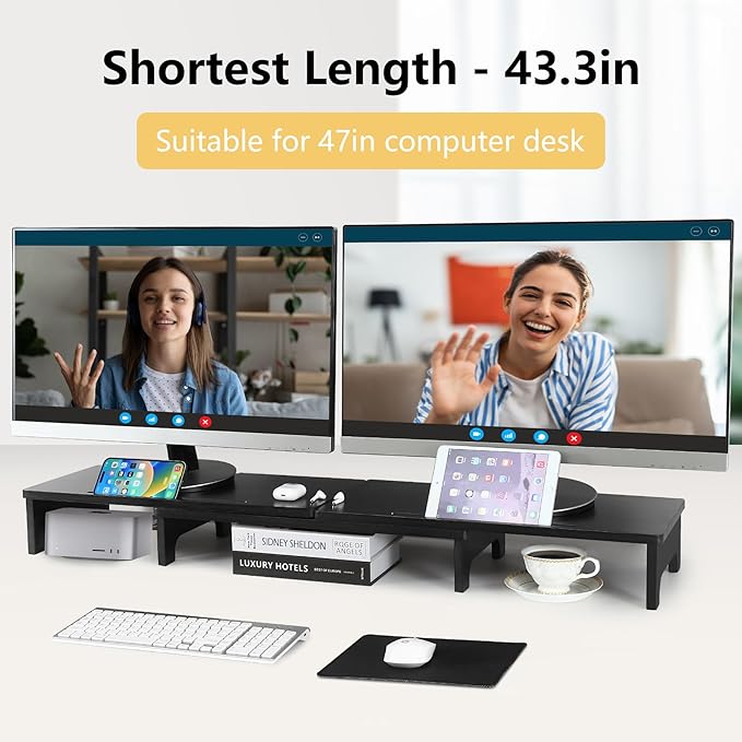 Nnewvante Monitor Stand Riser, Upgrade Height Large TV Riser, 60 inch Large Bamboo Dual Monitor Stand for Desk, 3 Shelves Desktop Screen Riser with Adjustable Length Angle for Computer Laptop Black-DeskLoop Office