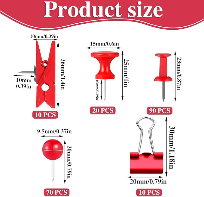 BESARME 200 Pieces Red Push Pins, 5 Style Thumb Tacks Decorative Pins for Cork Board Bulletin Wall Craft Office Home Supplies-DeskLoop Office