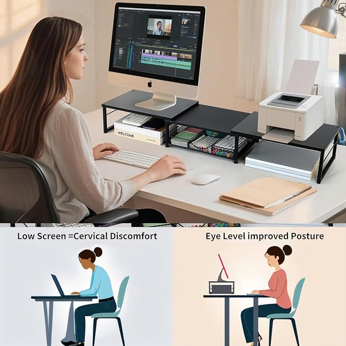 Dual Monitor Stand Riser, Desk Organizer with Drawer, Office Desk Organizers and Accessories, Office Workspace Organization, Computer Monitor Stand for Laptop, Printer (Black)-DeskLoop Office