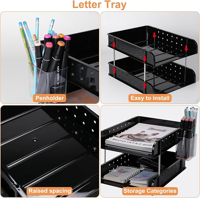 Stackable Letter Tray Papers Organizers, A4 Size Desk Organizer Tray for Letter Paper Stationery Desk Accessories, Plastic Black Paper Holder File Organizer for Office, School, Home (Dark Black)-DeskLoop Office