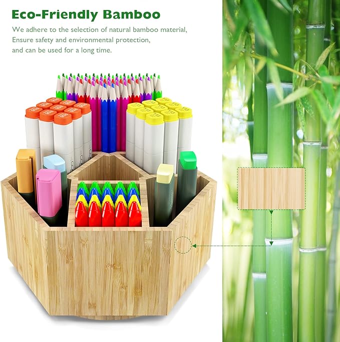 Bamboo Art Supply Organizer, Back to School Supplies, Hold 350+ Pencils, Rotating School Supplies Holder for Pen, Colored Pencil, Art Brushes, Desktop Storage Caddy for Classroom & Art Studio-DeskLoop Office