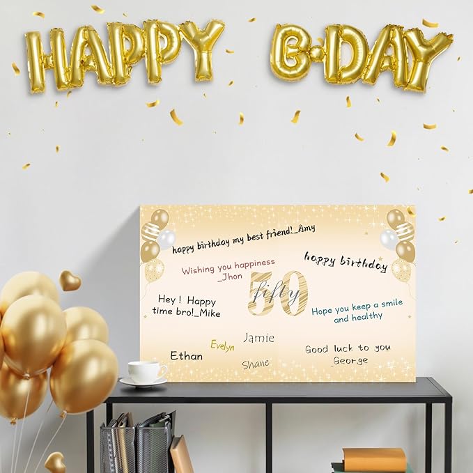 Large 50th Birthday Card With Envelope for Men Women, 1975 Black Gold Happy 50th Birthday Giant Guest Signature Book Gifts, Big Vintage 1975 50th Greeting Card Decoration Party Supplies