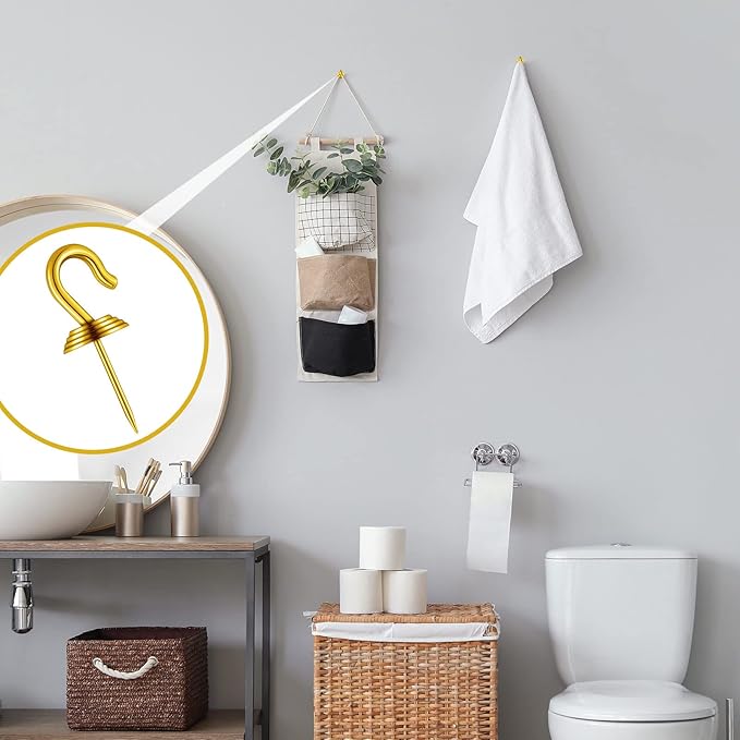 Hotop 60 Pieces Push Pin Wall Hooks Metal Thumb Tack Hangers Iron Alloy Nail Decorative Picture Hooks for 20 Lbs Home Office School Party Supply (Gold)-DeskLoop Office