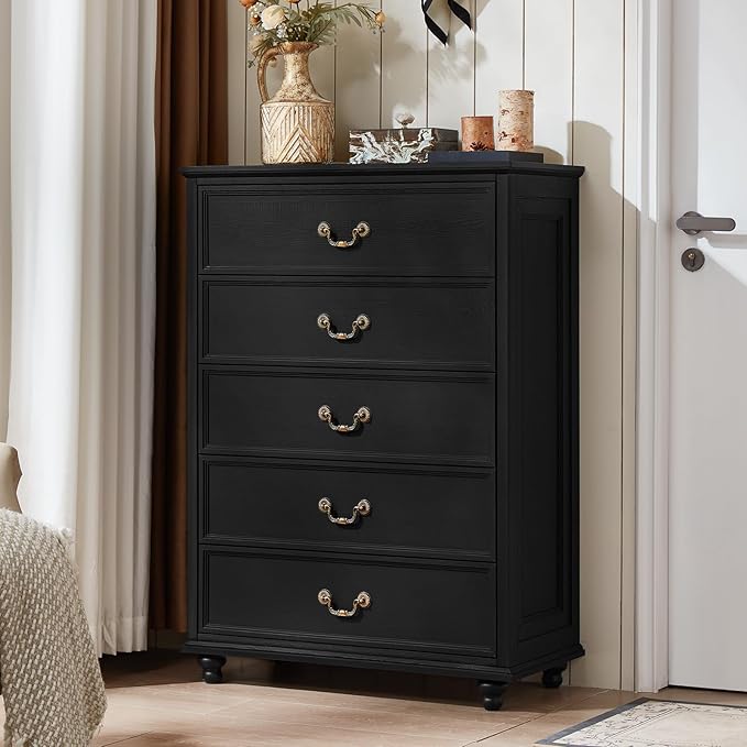 Farmhouse 5 Drawer Dresser for Bedroom, 45" Tall Rustic Chests of Drawers w/ 4 Solid Wood Feet, Mid Century Modern Wooden Closet Storage Dressers Organizer for Living Room, Hallway, Black-DeskLoop Office