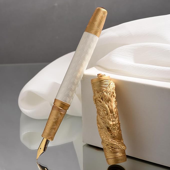 Hongdian A24 Fountain Pen Fine Nib, Snow White & Golden Dragon Stereoscopic Carving Cap Design-DeskLoop Office
