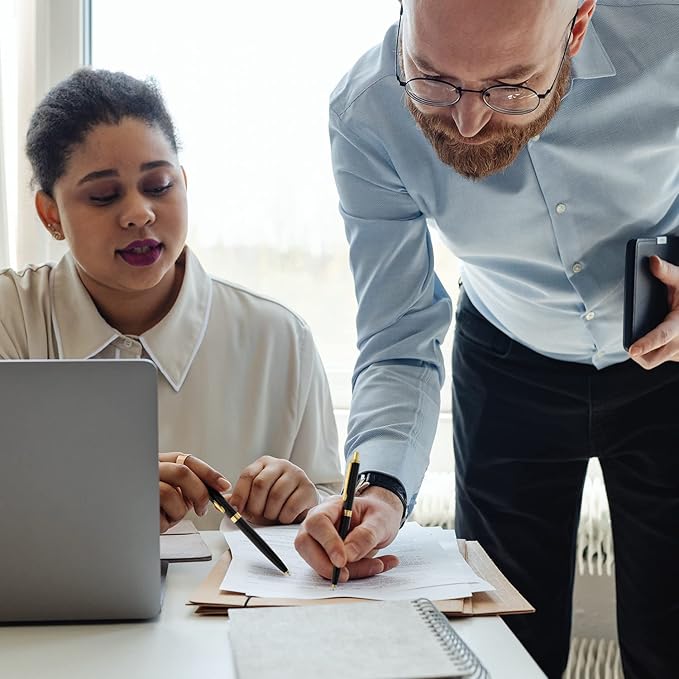 LINFANC 8 Pack Ballpoint Pens, Premium Retractable Metal Ballpoint Pen, Medium Point 1.0mm Black Ink Pen for Home School Work Office Supplies, Matte Black with Gold Trim, Extra 8 Refills-DeskLoop Office