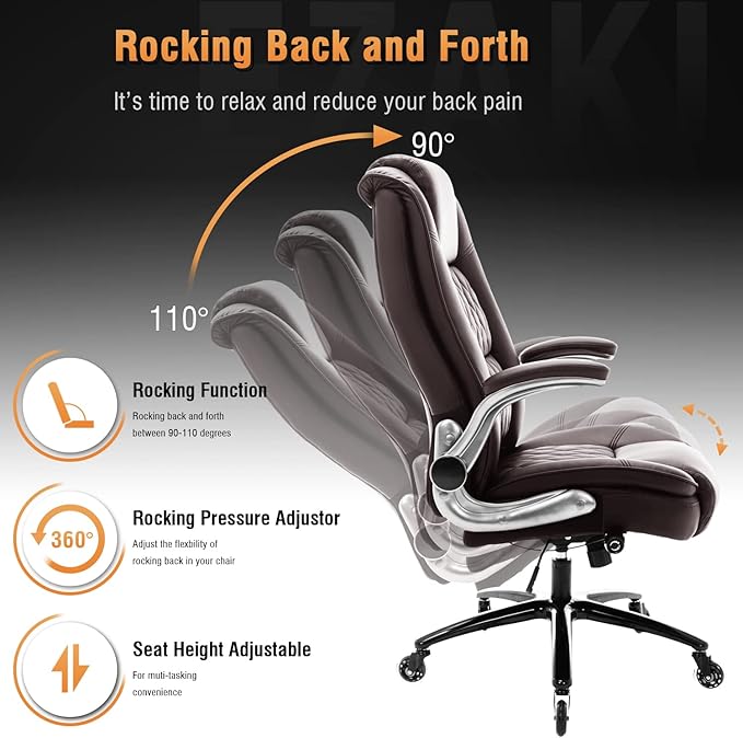 EZAKI High Back Office Chair-Flip-up Arms Executive Computer Desk Chair, Built-in Lumbar Support Thick Padded Adjustable Rock Tension Ergonomic Design for Back Pain (Brown)-DeskLoop Office