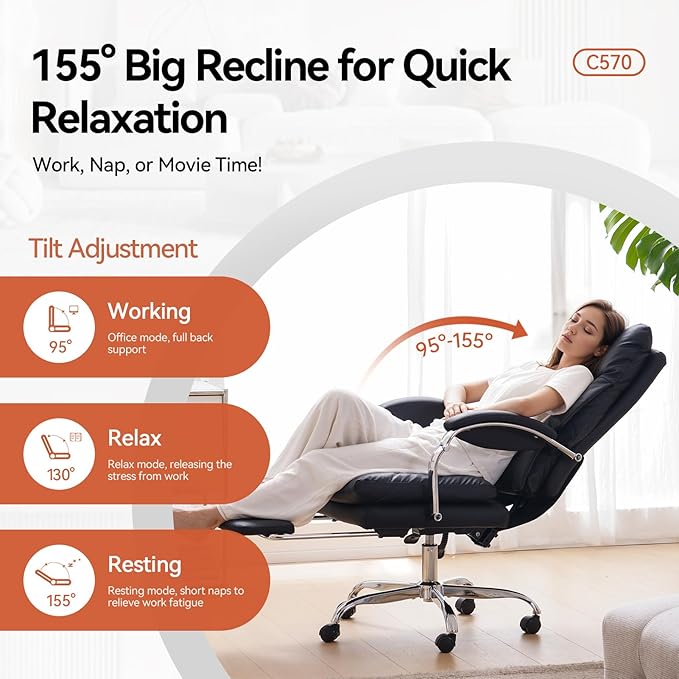 LEAGOO Reclining Office Chair with Foot Rest, Executive Office Chairs with Arms, Ergonomic High Back PU Leather Comfy Swivel Computer Desk Chairs with Wheels and Lumbar Support for Home Office, Black-DeskLoop Office