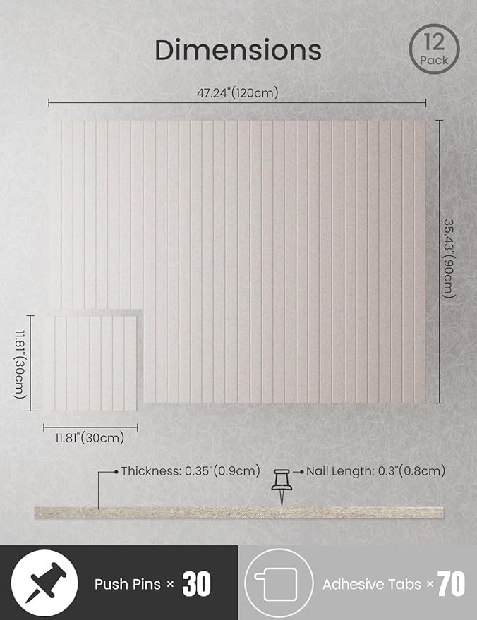 Bumusty Large Cork Board Alternative-47 x35 Felt Bulletin Board Tiles, with 30 Pushpins, 70 Adhesive Tabs, 12-Pack Slat Wall Paneling, Cork Boards for Office Push Pin Board Felt Board-Oatmeal-DeskLoop Office