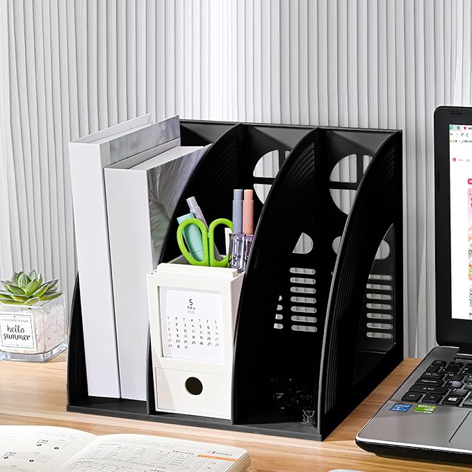 SAYEEC 2 Pack Magazine File Holder for Desktop 3 Compartment Binder Folder Notebook Standing Organizer Office Racks Black Holds Documents for School Working-DeskLoop Office