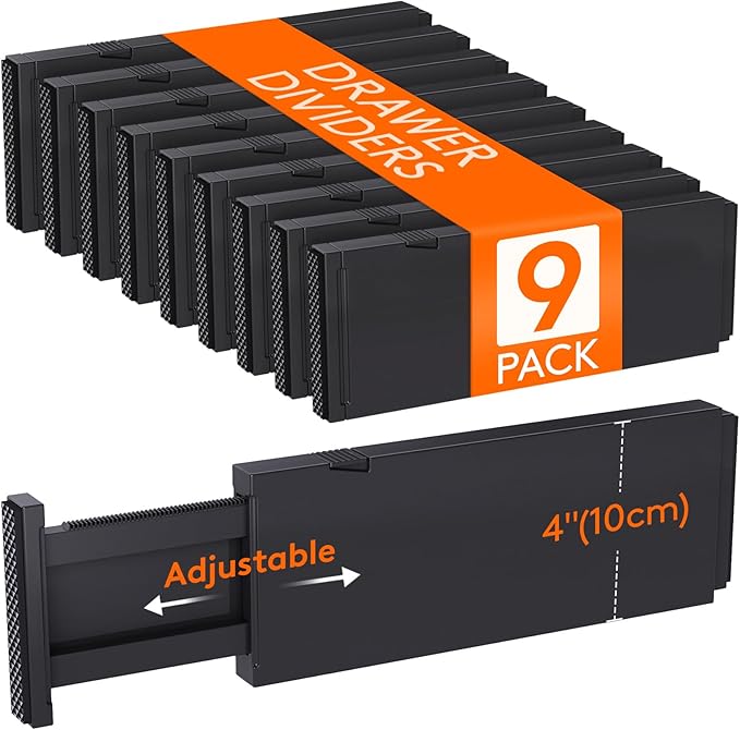 Lifewit 9 Pack Drawer Dividers 4" High, 11-17" Adjustable Drawer Organizers for Clothes, Expandable Dresser Separators in Bedroom/Bathroom/Kitchen/Fridge/Office Organization and Storage, Black-DeskLoop Office