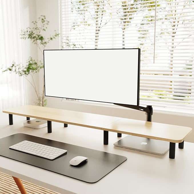 Large Extra Long Monitor Stand Riser 43.7in,Dual Monitor Riser, Wide TV Stand for 2 Monitors, Wood & Steel Leg Adjustable Height Desktop Riser, Home Office Organization. (Natural)-DeskLoop Office
