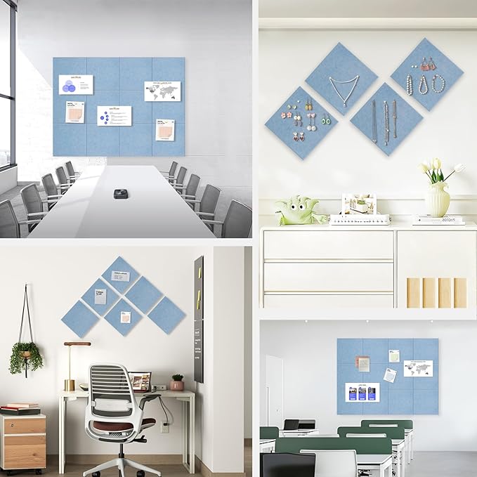 Large Cork Board for Office Wall Decor,48"x36"-12 Pack Felt Wall Tiles with 35 Push Pins, Thicker 0.47in, Felt Bulletin Board Pin Board Cork Boards for Walls - Light Blue-DeskLoop Office