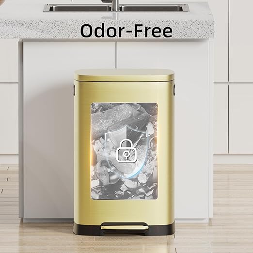 KUK 13 Gallon/50L Stainless Steel Kitchen Trash Can with Lid and Step Pedal-Large Capacity Garbage Bin with Odor Seal, Silent Close Lid, Removable Inner Bucket, Titanium Gold-DeskLoop Office