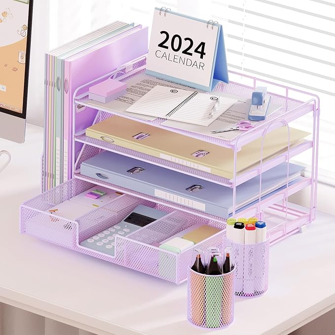 Desk Organizer and Accessories, 4-Tier Desktop File Organizer with Drawer and 2 Pen Holders, Office Desk Accessories for Office Supplies(Purple)-DeskLoop Office