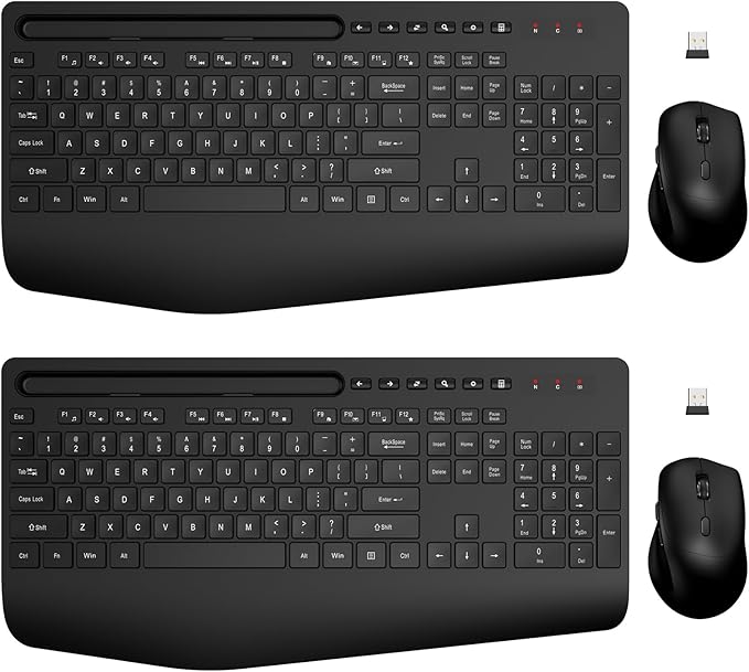 Wireless Keyboard and Mouse Combo 2 Pack - Full-Sized Ergonomic Keyboard with Wrist Rest, Phone Holder, Sleep Mode, Silent 2.4GHz Cordless Keyboard Mouse Combo for Computer, Laptop, PC, Mac, Windows-DeskLoop Office