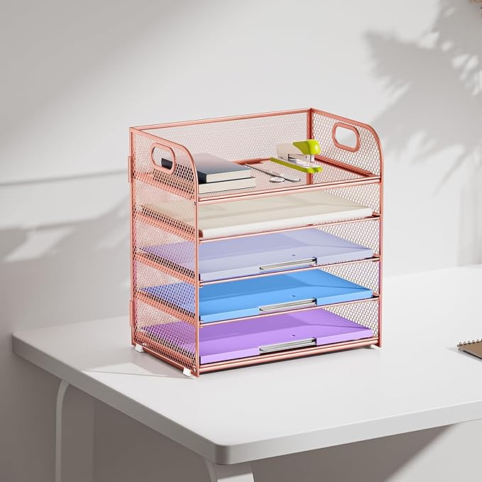 Marbrasse 5 Tier Paper Organizer Letter Tray, Mesh Desk File Organizer with Handle, Paper Sorter Desk Organizer for Home Office Supplies - Rose Gold-DeskLoop Office